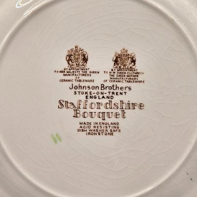 LOT 220D: Set of 6 Staffordshire Bouquet Dessert Plates and Johnson Bros. Canister w/Lid