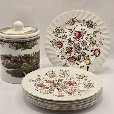 LOT 220D: Set of 6 Staffordshire Bouquet Dessert Plates and Johnson Bros. Canister w/Lid