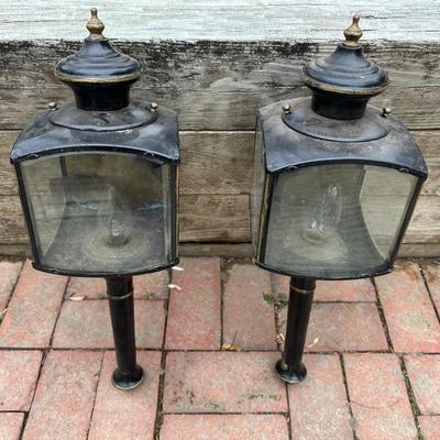 LOT 243G: Pair Of Antique Beveled Glass Carriage Lamps