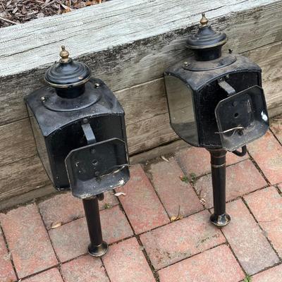 LOT 243G: Pair Of Antique Beveled Glass Carriage Lamps