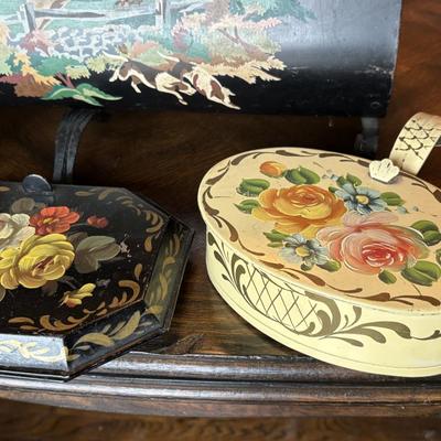 LOT 111D: Vintage Toleware Hand Painted Magaxine Rack, Milk Jug, Tins & More