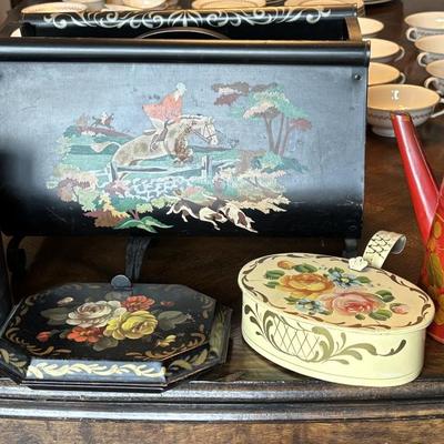 LOT 111D: Vintage Toleware Hand Painted Magaxine Rack, Milk Jug, Tins & More