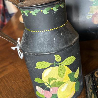 LOT 111D: Vintage Toleware Hand Painted Magaxine Rack, Milk Jug, Tins & More