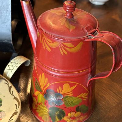 LOT 111D: Vintage Toleware Hand Painted Magaxine Rack, Milk Jug, Tins & More