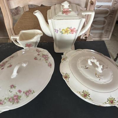 LOT 68LL: Vintage Art Deco Royal National Brotherhood of Operative Potters Tea Pot & Creamer w/ Lidded China Serving Dishes