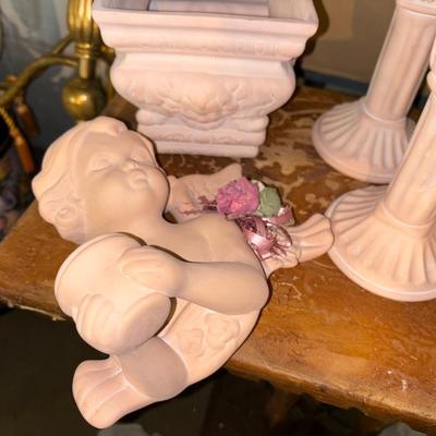 LOT 996B: Terracota decor items candlesticks +more