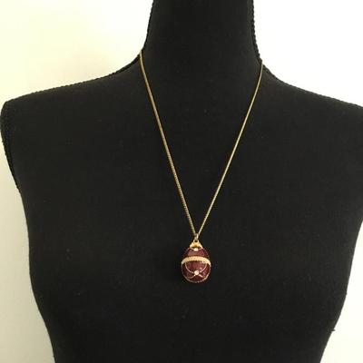 Vintage gold, brown enameled Faberge egg pendant necklace