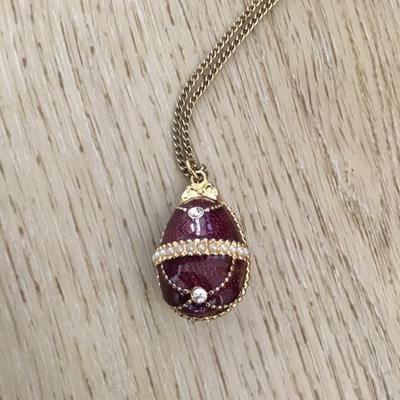 Vintage gold, brown enameled Faberge egg pendant necklace