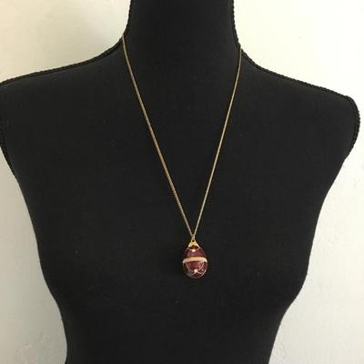 Vintage gold, brown enameled Faberge egg pendant necklace