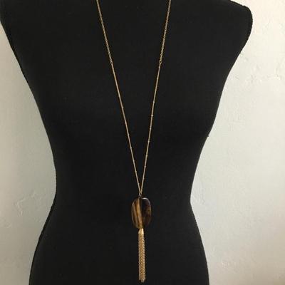 Beautiful, tigers, eye pendant, gold tone, tassel, and chain necklace