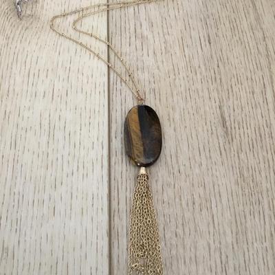 Beautiful, tigers, eye pendant, gold tone, tassel, and chain necklace