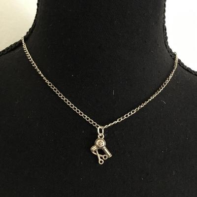 Super cute, silver toned chain necklace with hairdryer & scissor, charm pendant