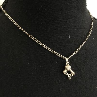 Super cute, silver toned chain necklace with hairdryer & scissor, charm pendant