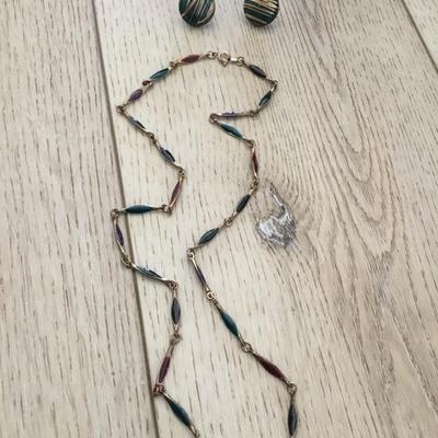 Vintage Multi colored, enameled and gold, toned chain necklace and matching circular stud earrings