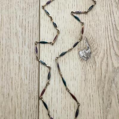 Vintage Multi colored, enameled and gold, toned chain necklace and matching circular stud earrings