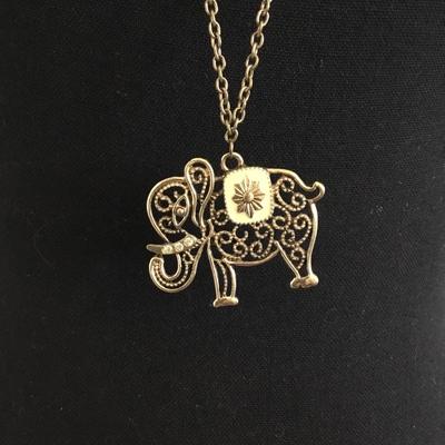 Gold toned, filagree, enamel elephant pendant, gold tone, chain necklace