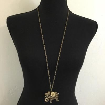 Gold toned, filagree, enamel elephant pendant, gold tone, chain necklace