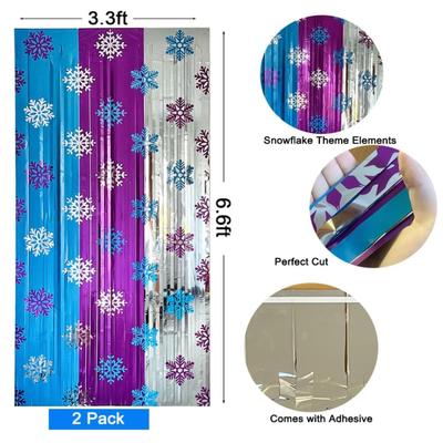 2pcs Winter Frozen Birthday Party Decorations 3.3x6.6ft Snowflake Pattern Backdrop Foil Fringe Curtains Blue Purple Silver Winter...