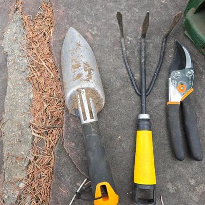 Garden tools - Scott's handheld spreader -Aluminum Garden shovel -Hand fork and Fiskars Pruners and weed tool