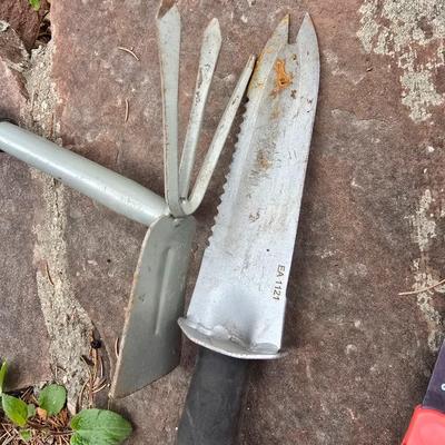 Gardening items - Vegetable seeds in a wire basket - Knee pad - Jars with gardening items - Garden knife - Hand rake and more