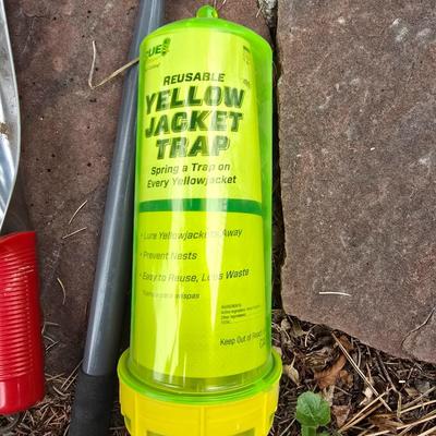 Gardening tools - hand leaf paddle rakes - Stainless digging trowel - Hand scuffle hoe and a yellow jacket trap with bait
