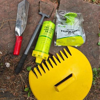 Gardening tools - hand leaf paddle rakes - Stainless digging trowel - Hand scuffle hoe and a yellow jacket trap with bait