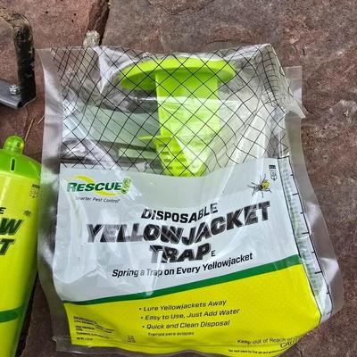 Gardening tools - hand leaf paddle rakes - Stainless digging trowel - Hand scuffle hoe and a yellow jacket trap with bait