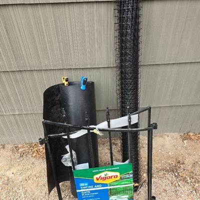 Brand new Vigoro Empire and Westrbrook Garden gate a roll of mesh barrier and a black plastic with handle