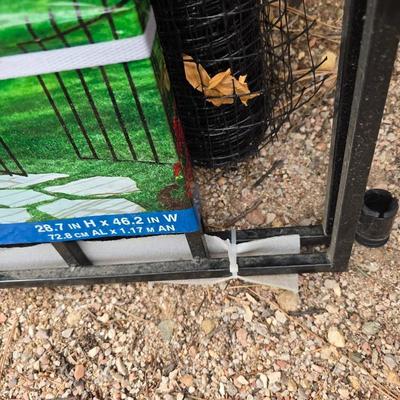 Brand new Vigoro Empire and Westrbrook Garden gate a roll of mesh barrier and a black plastic with handle