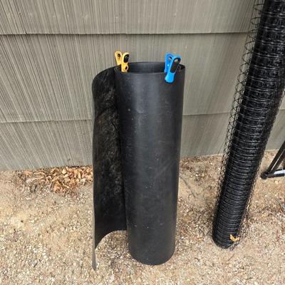 Brand new Vigoro Empire and Westrbrook Garden gate a roll of mesh barrier and a black plastic with handle