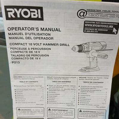 Ryobi Compact 18 volt hammer drill with battery, charger, storage bag and accessories