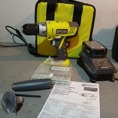 Ryobi Compact 18 volt hammer drill with battery, charger, storage bag and accessories