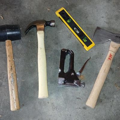 Tools - Ewing rubber mallet - Claw hammer - level - Ace Hatchet - industrial stapler