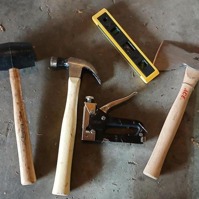 Tools - Ewing rubber mallet - Claw hammer - level - Ace Hatchet - industrial stapler
