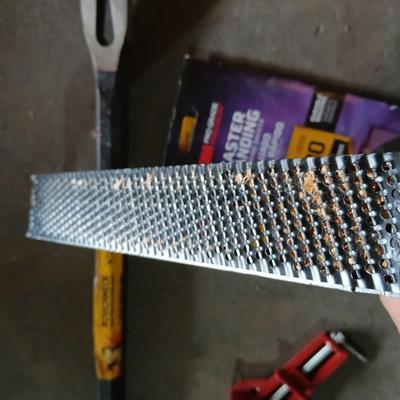 Tools - Hacksaw -hand sander with paper - Central Forge 10" 2-way Rasp plane - Roughneck 17" offset ripping chisel