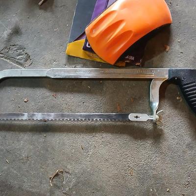 Tools - Hacksaw -hand sander with paper - Central Forge 10" 2-way Rasp plane - Roughneck 17" offset ripping chisel