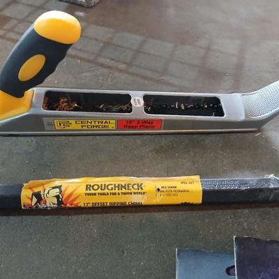 Tools - Hacksaw -hand sander with paper - Central Forge 10" 2-way Rasp plane - Roughneck 17" offset ripping chisel