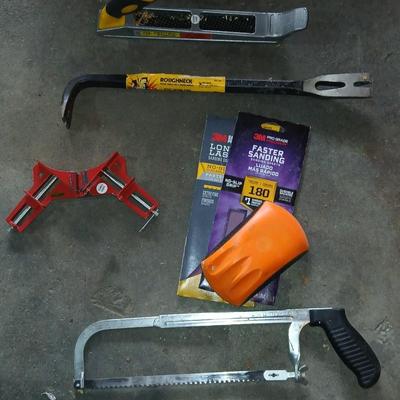 Tools - Hacksaw -hand sander with paper - Central Forge 10" 2-way Rasp plane - Roughneck 17" offset ripping chisel