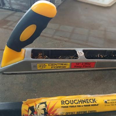 Tools - Hacksaw -hand sander with paper - Central Forge 10" 2-way Rasp plane - Roughneck 17" offset ripping chisel