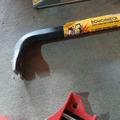 Tools - Hacksaw -hand sander with paper - Central Forge 10" 2-way Rasp plane - Roughneck 17" offset ripping chisel