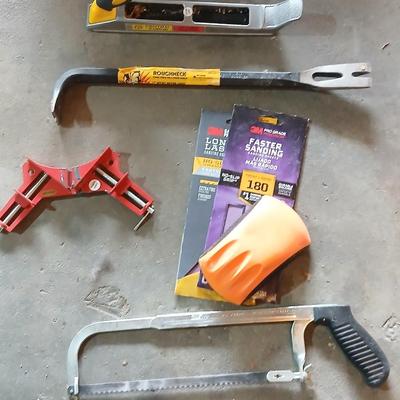 Tools - Hacksaw -hand sander with paper - Central Forge 10" 2-way Rasp plane - Roughneck 17" offset ripping chisel