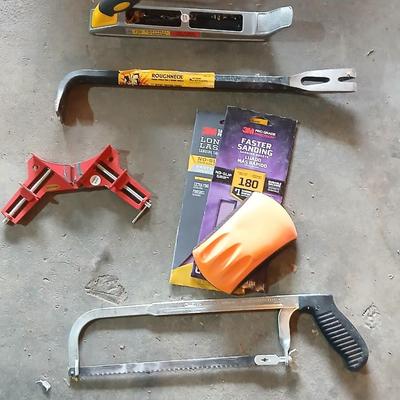 Tools - Hacksaw -hand sander with paper - Central Forge 10" 2-way Rasp plane - Roughneck 17" offset ripping chisel