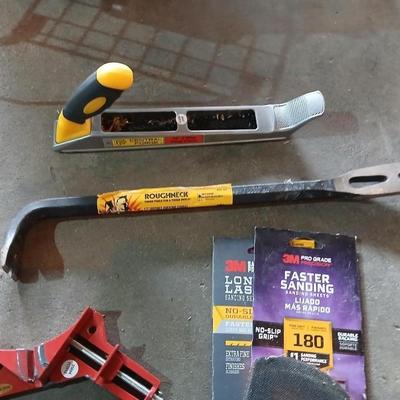 Tools - Hacksaw -hand sander with paper - Central Forge 10" 2-way Rasp plane - Roughneck 17" offset ripping chisel