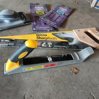 Tools - Central Forge 10" 2-way rasp plane - Stanley sharp tooth saw - Hand sander with sandpaper