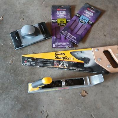 Tools - Central Forge 10" 2-way rasp plane - Stanley sharp tooth saw - Hand sander with sandpaper