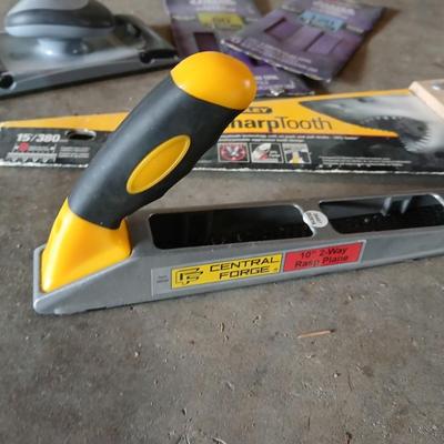 Tools - Central Forge 10" 2-way rasp plane - Stanley sharp tooth saw - Hand sander with sandpaper