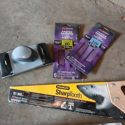 Tools - Central Forge 10" 2-way rasp plane - Stanley sharp tooth saw - Hand sander with sandpaper