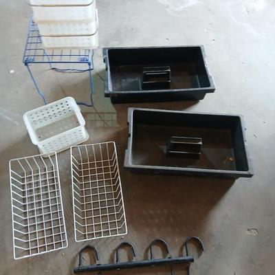 Grouping of storage baskets and racks and a multi-use metal organizer rack