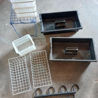 Grouping of storage baskets and racks and a multi-use metal organizer rack