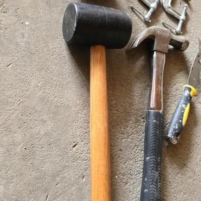 Tools - Rubber mallet - Claw hammer - two C Clamps - Stanley tape measure and a scraper tool